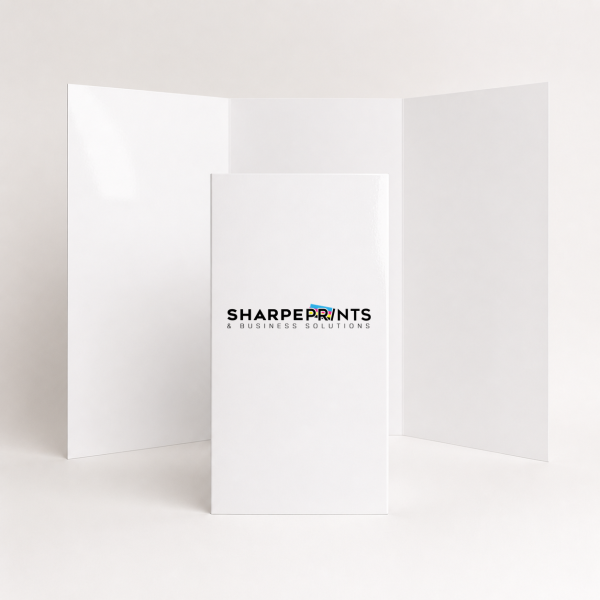 Sharpe Prints premium tri-fold brochure shown open and folded