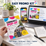 Easy Promo Kit in cyan, magenta, yellow and black: a community-event flyer with matching phone story, social post and caption. Sample artwork; devices not included.