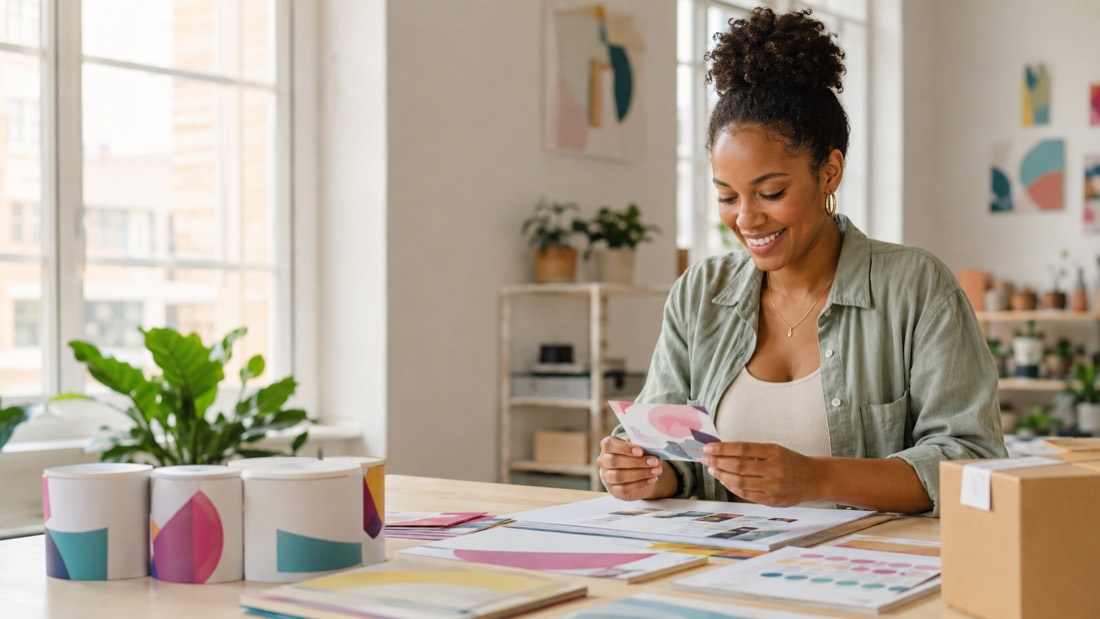 A business owner holding her professionally printed business card